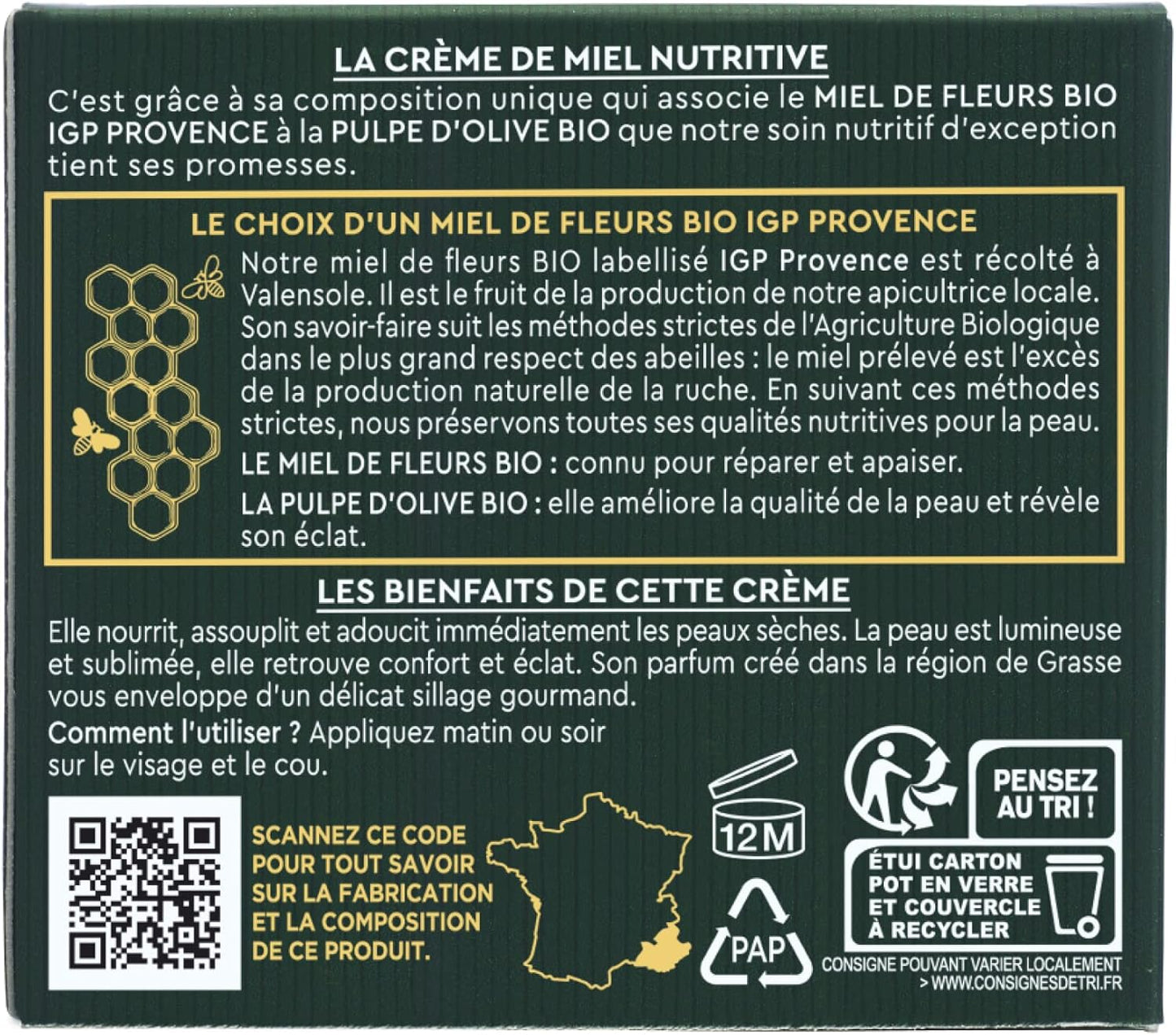 Bio – Crema Di Miele Nutriente – Miele Di Fiori Bio IGP Provence E Polpa D'Oliva Bio – per Tutti I Tipi Di Pelle Anche Più Sensibili, 50 Ml