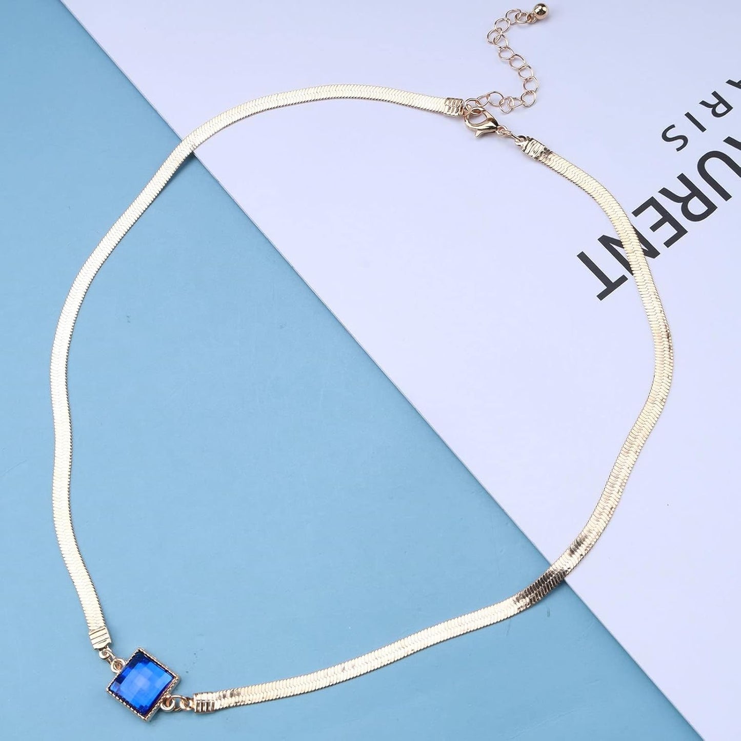 Collana Quadrata Di Gemme Blu Collana a Catena D'Oro Di Topazio Blu Collana a Spina Di Pesce Collana Girocollo a Catena Piatta Di Serpente Collana Gioielli per Donne E Ragazze