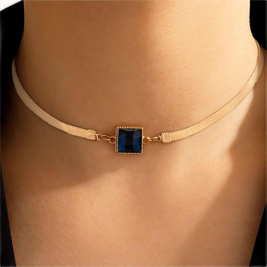 Collana Quadrata Di Gemme Blu Collana a Catena D'Oro Di Topazio Blu Collana a Spina Di Pesce Collana Girocollo a Catena Piatta Di Serpente Collana Gioielli per Donne E Ragazze
